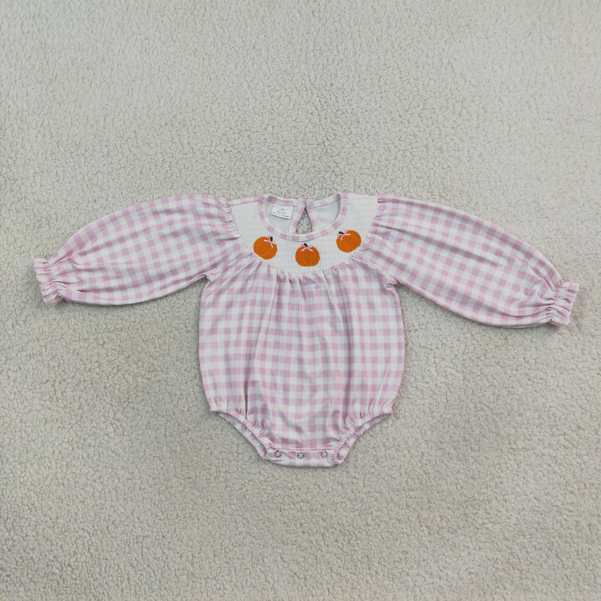 RTS NO MOQ （In stock）milk silk LR310S mocked Pumpkins Baby Girls Pink Checked Fall Ruffle Rompers