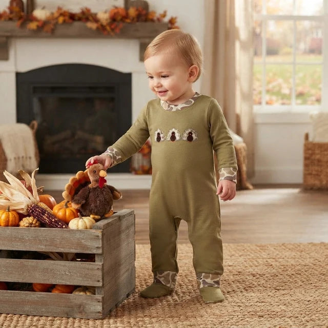 RTS NO MOQ （In stock）LR3109 milk silk fabric Embroidery Camo Turkey Baby Boys Thanksgiving Pant Rompers