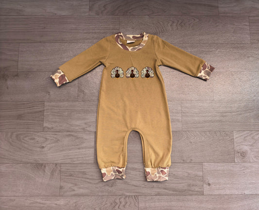 LR3109 Sample No Moq milk fabric Embroidery Camo Turkey Baby Boys Thanksgiving Pant Rompers