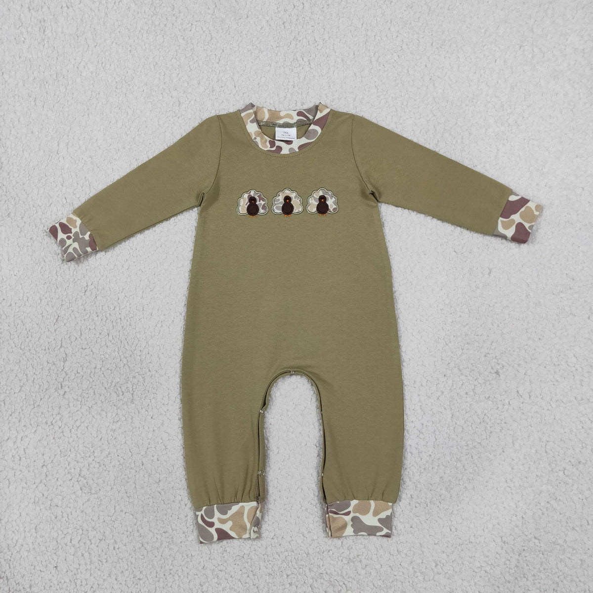 RTS NO MOQ （In stock）LR3109 milk silk fabric Embroidery Camo Turkey Baby Boys Thanksgiving Pant Rompers