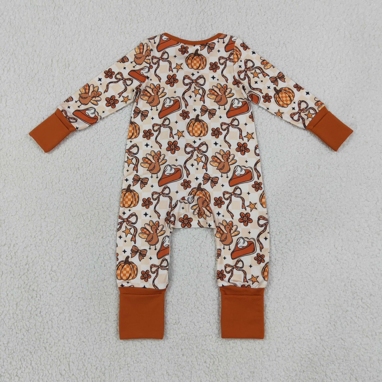 LR3119 RTS NO MOQ （In stock）Pumpkin pie turkey bow baby girls Thanksgiving zipper romper