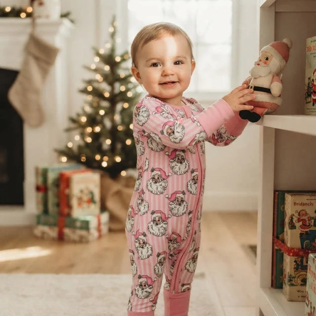 RTS NO MOQ （In stock）milk silk LR3125 Baby Girls Pink Stripe Santa Christmas Two Way Zip Convertible Rompers