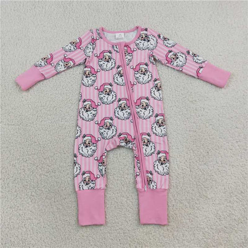 RTS NO MOQ Sibling milk silk Baby Girls Santa Print Two Way Zip Long Sleeve Ruffle Cuff Romper