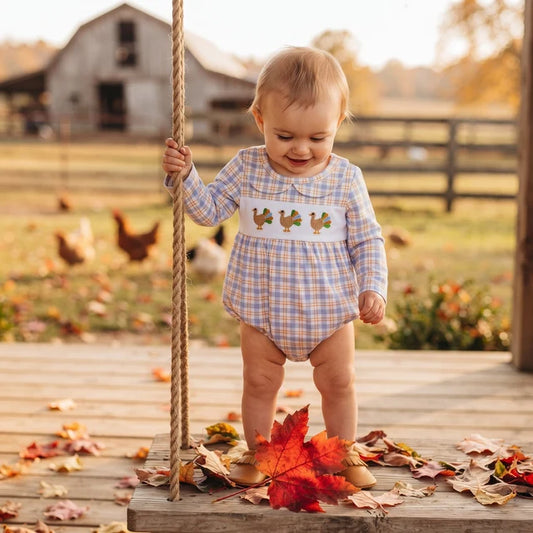 RTS NO MOQ （In stock）milk silk LR3132 Embroidery Turkey Baby girls Long Sleeve Thanksgivings Checked Rompers