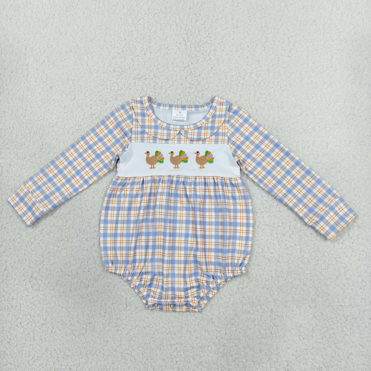 RTS NO MOQ Sibling milk silk Embroidered Baby Girls Thanksgiving Plaid Turkey Embroidery Long Sleeve Dress Ruffle Neck Outfit Romper