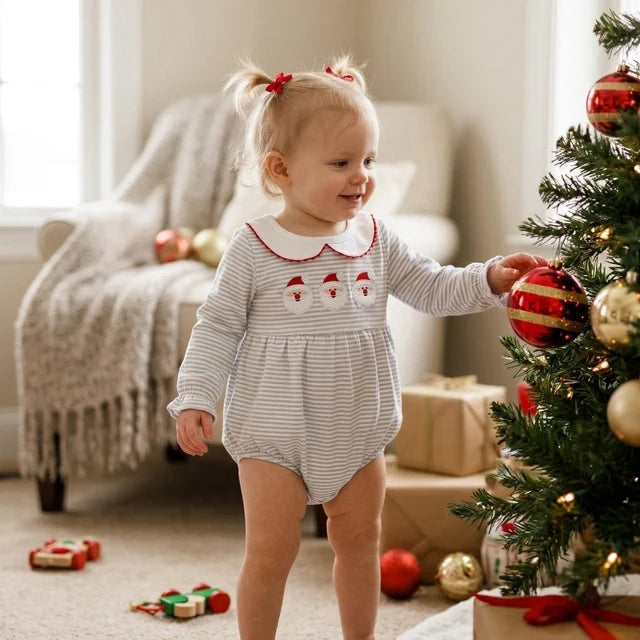 RTS NO MOQ （In stock）milk silk LR3136 Embroidery Baby Girls Christmas Blue Stripe Santa Print Long Sleeve Ruffle Trim Rompers