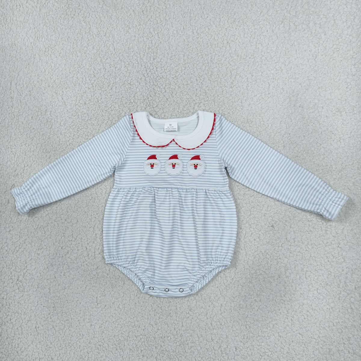RTS NO MOQ （In stock）milk silk LR3136 Embroidery Baby Girls Christmas Blue Stripe Santa Print Long Sleeve Ruffle Trim Rompers