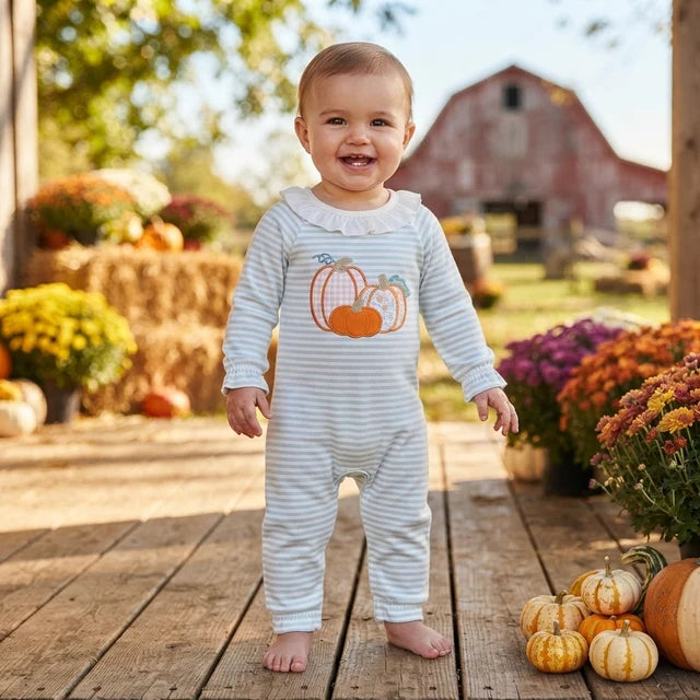 RTS NO MOQ （In stock）milk silk LR3137 Embroidery Flower Pumpkins Baby Girls Green Stripe Fall Pant Rompers