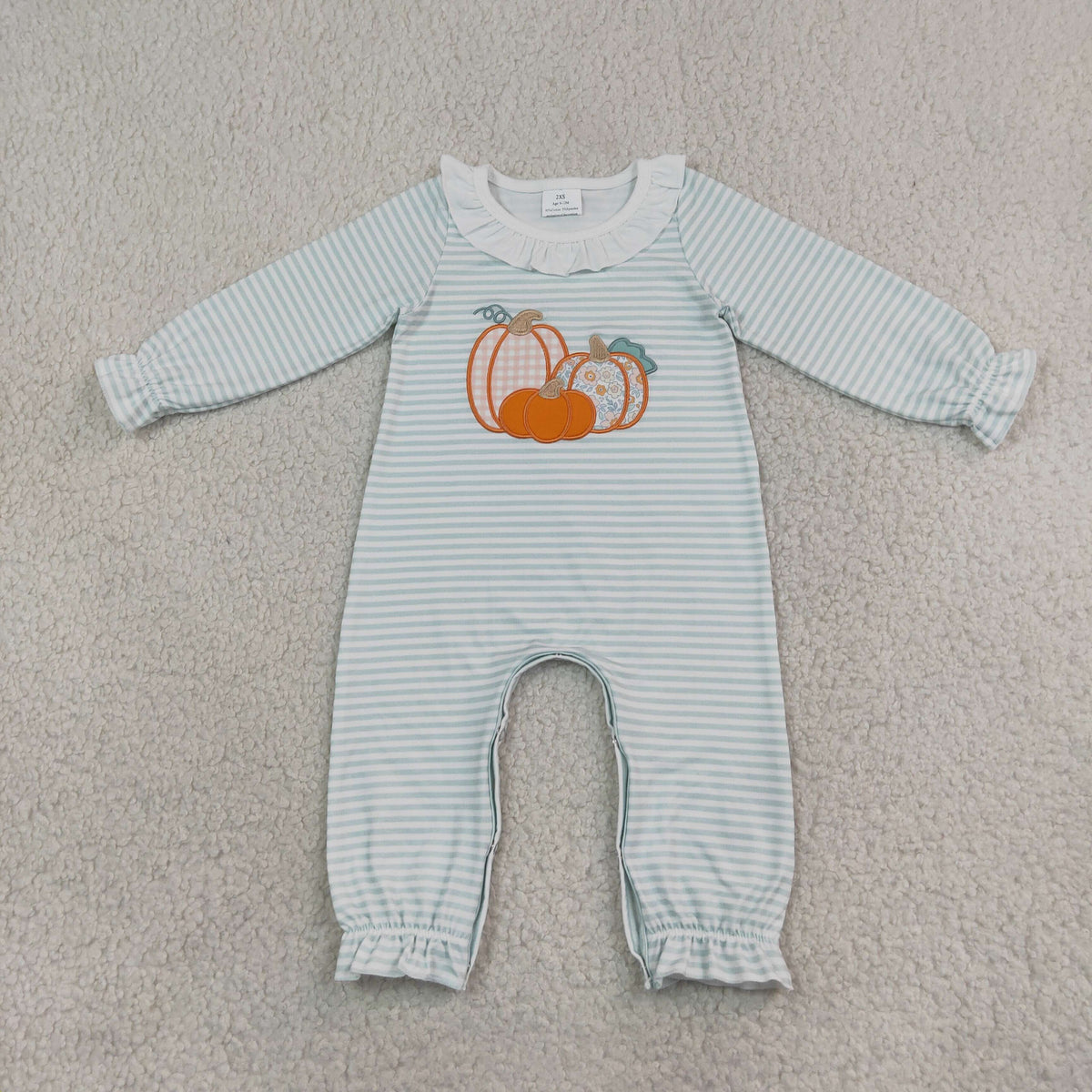 RTS NO MOQ （In stock）milk silk LR3137 Embroidery Flower Pumpkins Baby Girls Green Stripe Fall Pant Rompers
