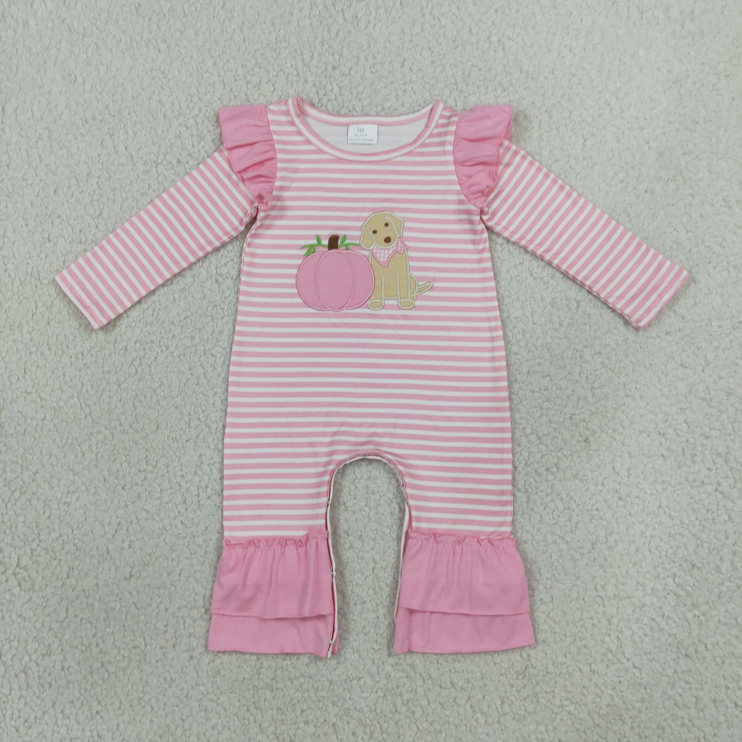 RTS NO MOQ （In stock）milk silk LR3140 Embroidery Baby Girls Pink Stripe Pumpkin Dog Print Long Sleeve Ruffle Fall Romper