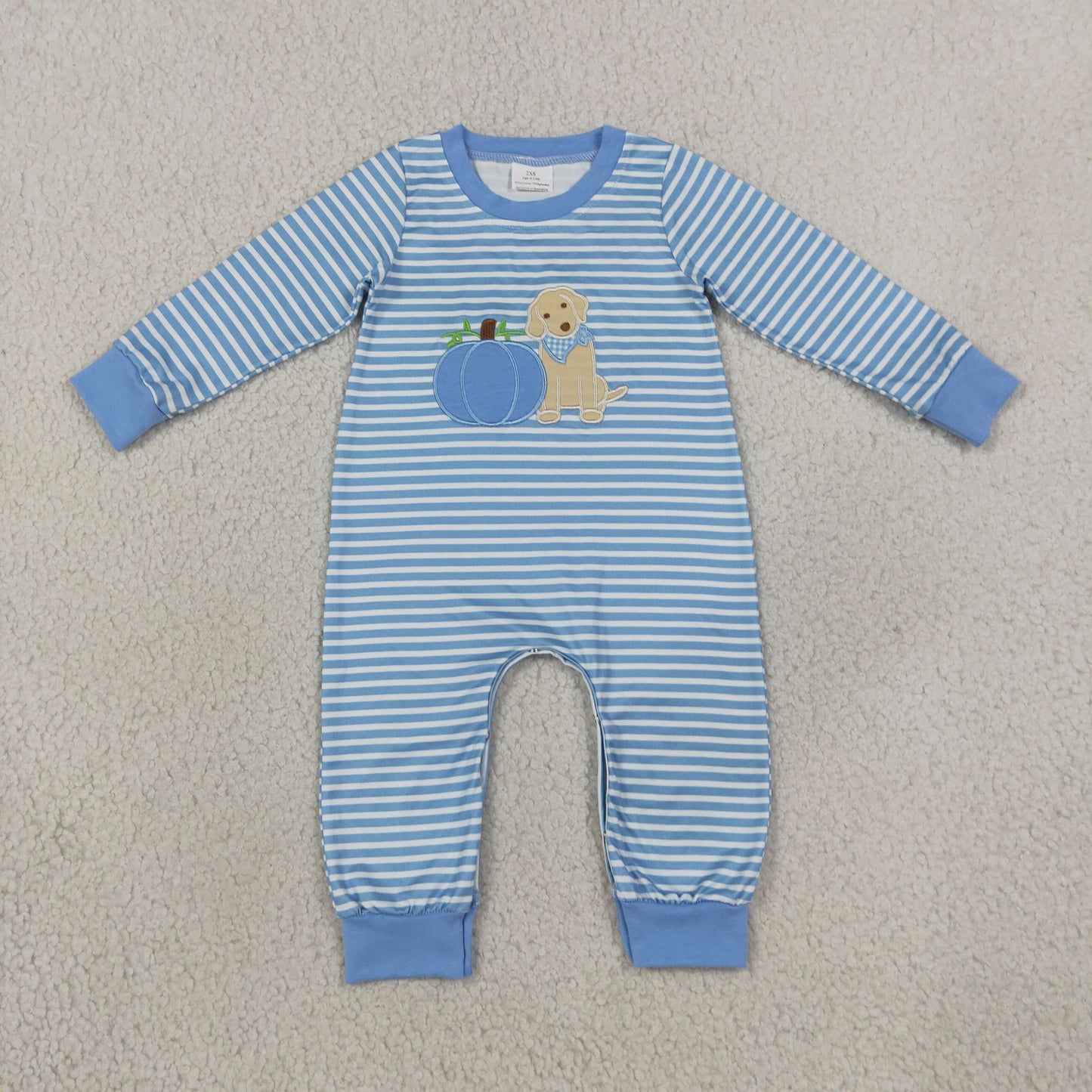 RTS NO MOQ Sibling milk silk Embroidery Pumpkin Dogs Baby Boys Girls Stripe Top Pants Fall Clothes Sets Rompers