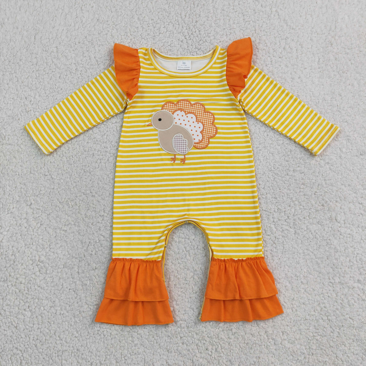 Sibling RTS NO MOQ  milk silk Embroidery Turkey Baby Girls Orange Stripe Tunic Leggings Thanksgivings Clothes Sets And romper