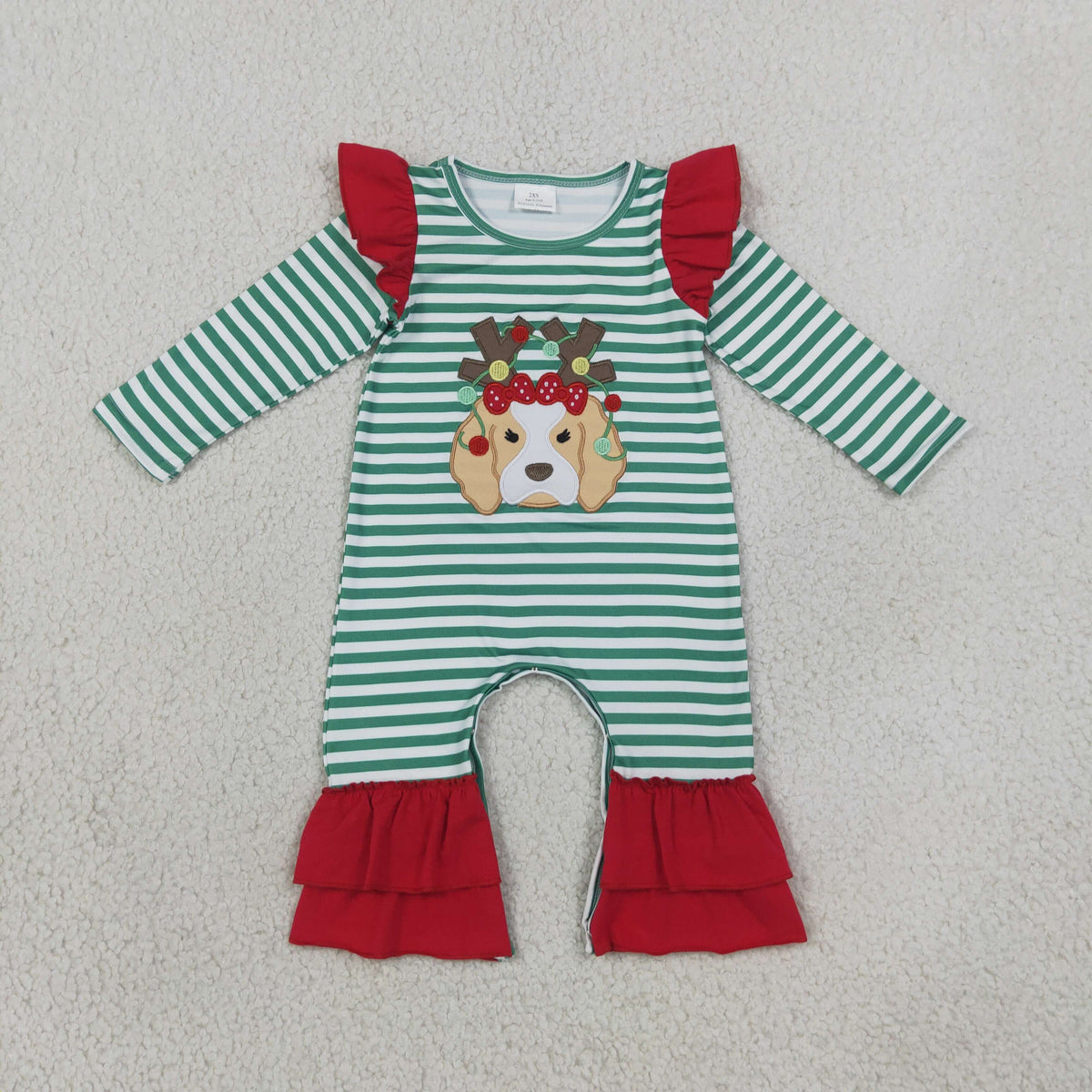RTS NO MOQ （In stock）milk silk LR3145 Embroidery Lights Dog Baby Girls Green Stripe Christmas Ruffle Pant Rompers