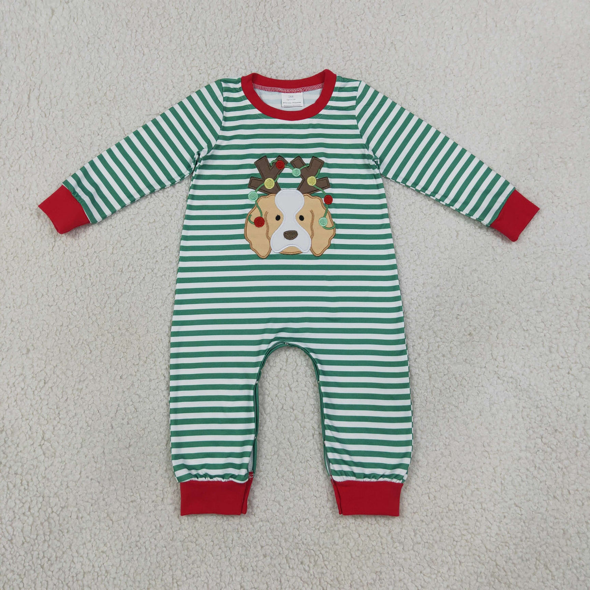 RTS NO MOQ milk silk LR3146 Embroidery Lights Dog Baby Boys Green Stripe Christmas Pant Rompers