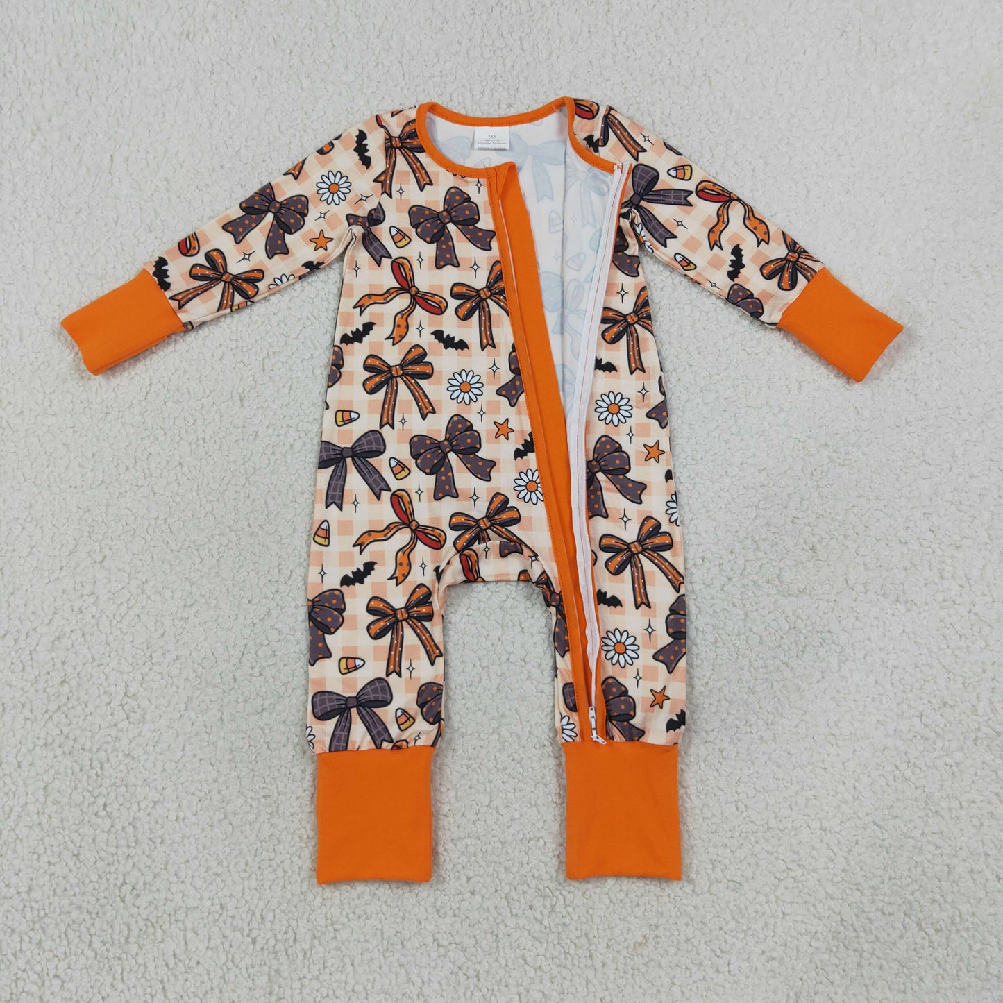 RTS NO MOQ milk silk LR3161 Baby Girls Halloween Bow Floral Print Two Way Zip Front Convertible Romper