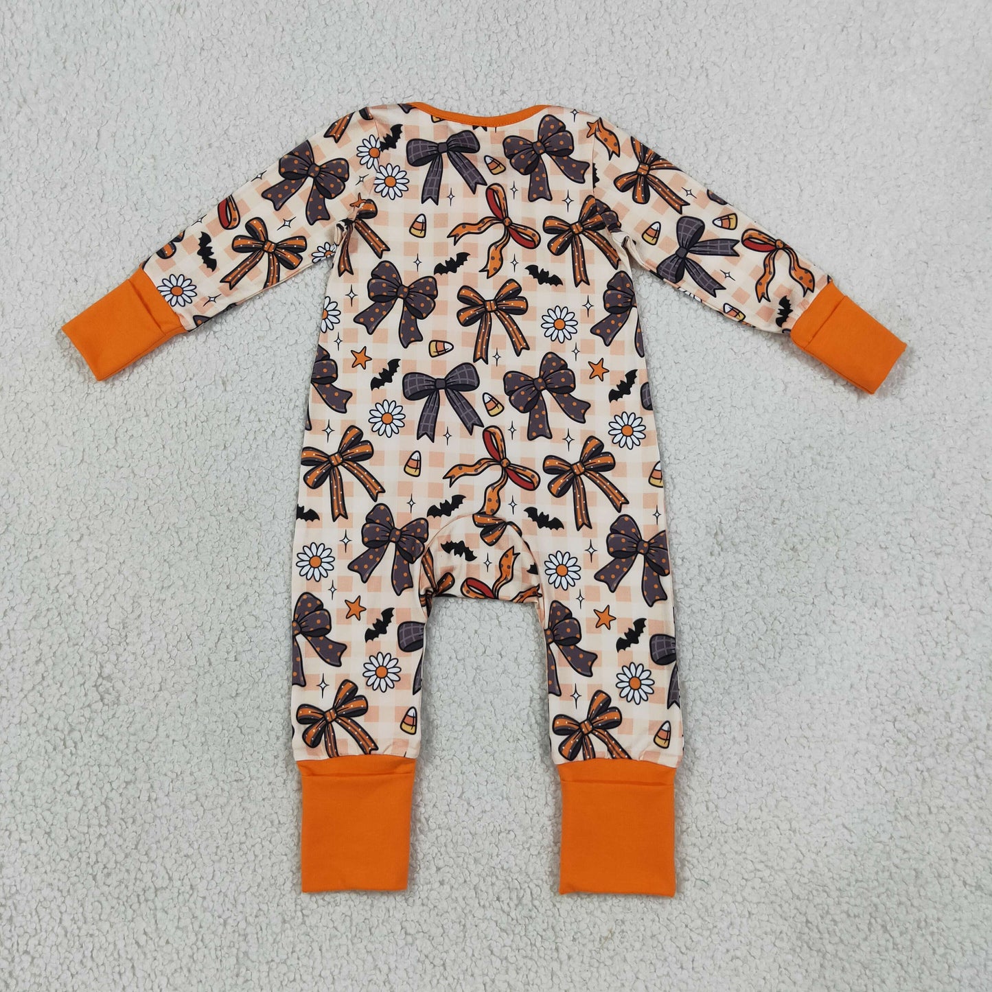 RTS NO MOQ milk silk LR3161 Baby Girls Halloween Bow Floral Print Two Way Zip Front Convertible Romper