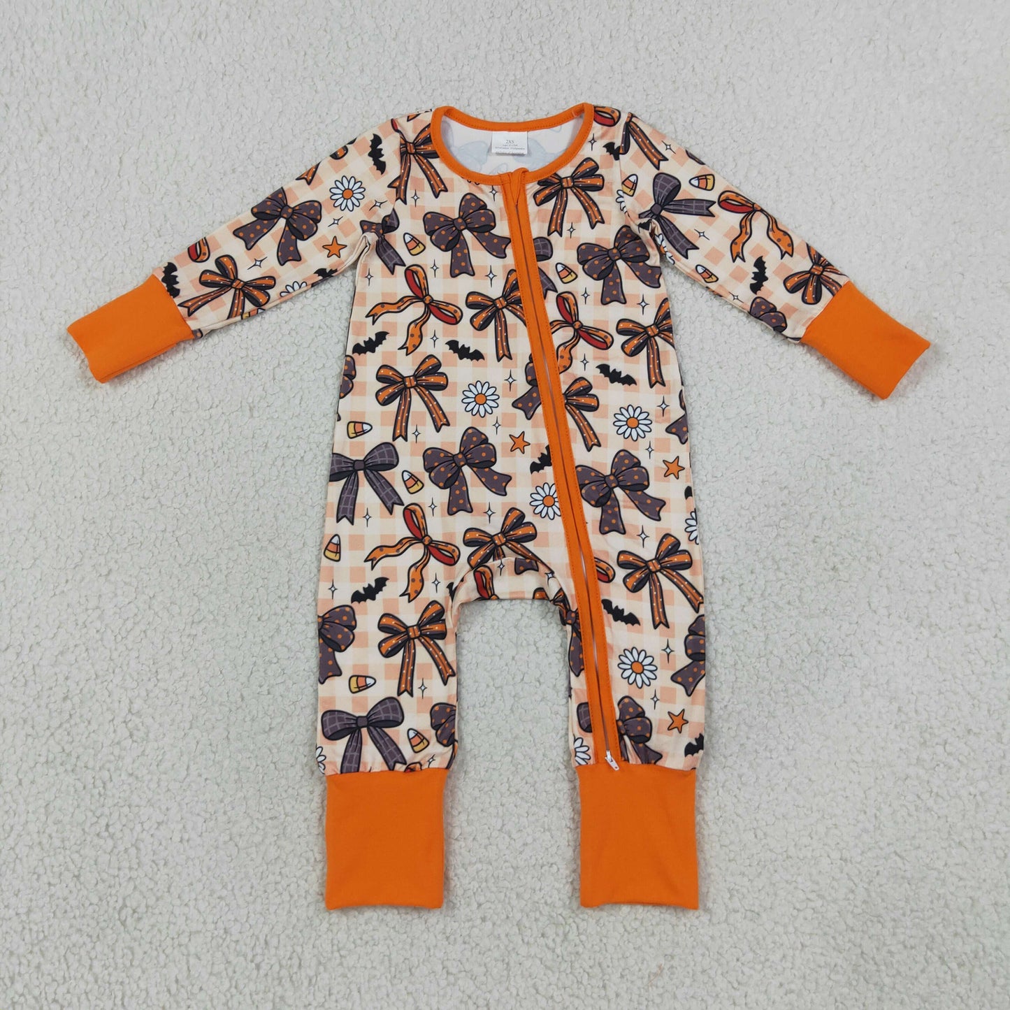 RTS NO MOQ milk silk LR3161 Baby Girls Halloween Bow Floral Print Two Way Zip Front Convertible Romper