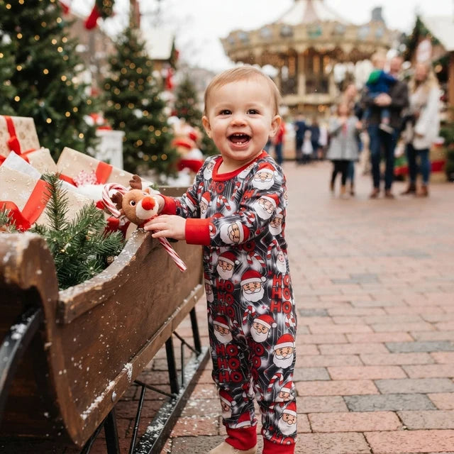 RTS NO MOQ （In stock）LR3162 milk silk Baby Boys Santa Candy Cane Ho Ho Letter Print Long Sleeve Christmas Romper