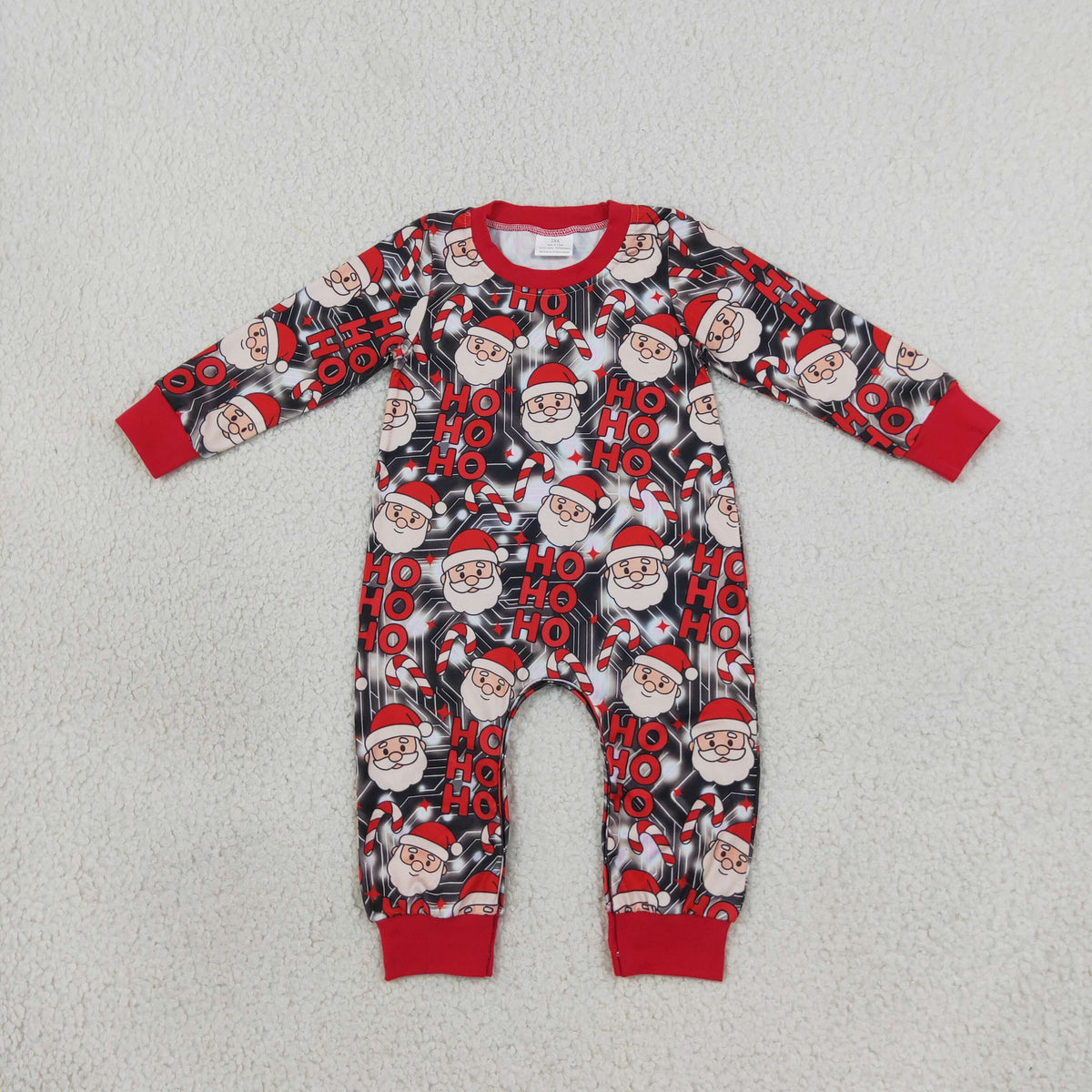 RTS NO MOQ （In stock）LR3162 milk silk Baby Boys Santa Candy Cane Ho Ho Letter Print Long Sleeve Christmas Romper