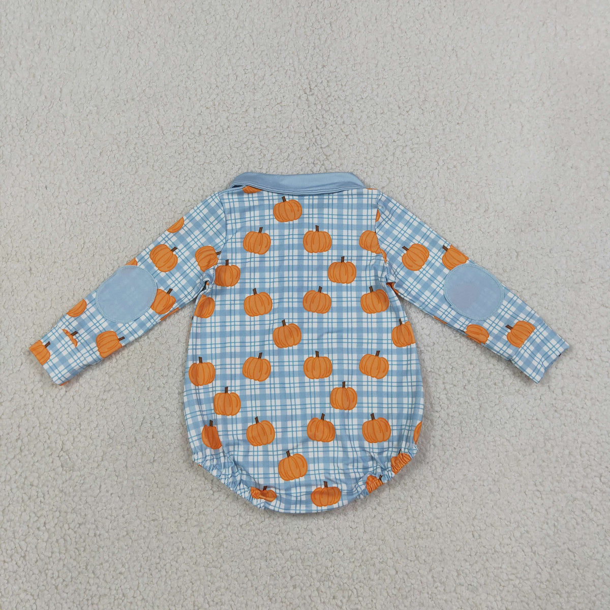 RTS NO MOQ milk silk LR3201 Baby Boys Blue Checked Pumpkins Fall Zip Long Sleeve Rompers