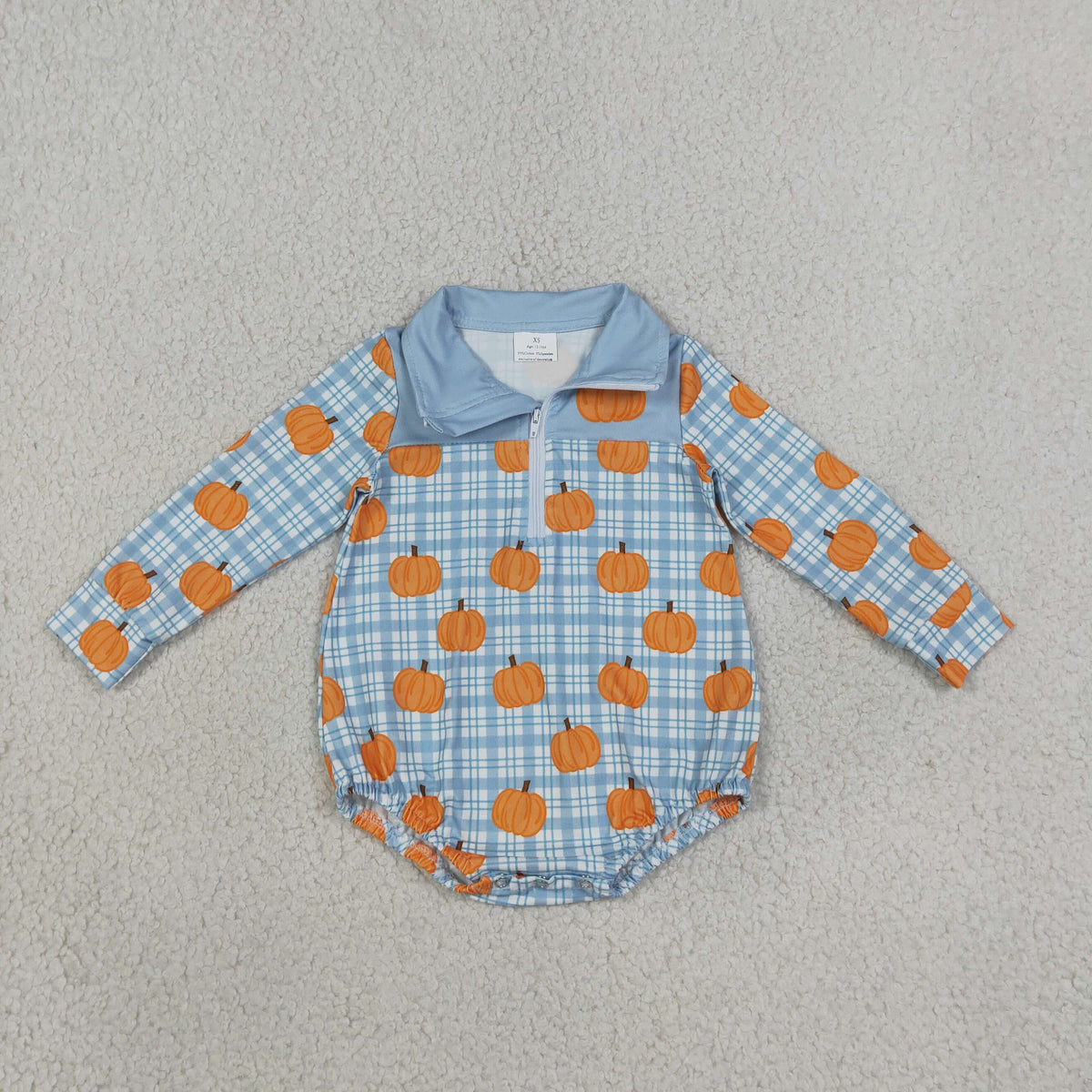 RTS NO MOQ milk silk LR3201 Baby Boys Blue Checked Pumpkins Fall Zip Long Sleeve Rompers