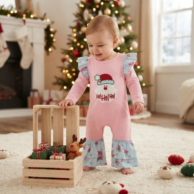 RTS NO MOQ （In stock）milk silk LR3215 Embroidery Flowers Santa Baby Girls Christmas Ruffle Pant Rompers