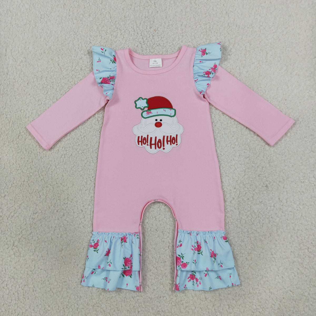 RTS NO MOQ （In stock）milk silk LR3215 Embroidery Flowers Santa Baby Girls Christmas Ruffle Pant Rompers