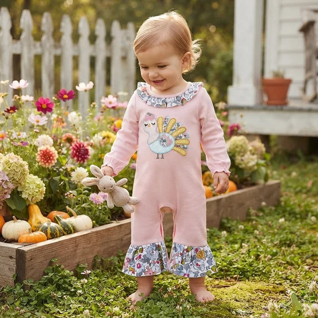 RTS NO MOQ （In stock）milk silk LR3216 Embroidery Flowers Turkey Baby Girls Thanksgivings Ruffle Pant Rompers Thanksgiving Daily Wear Romper