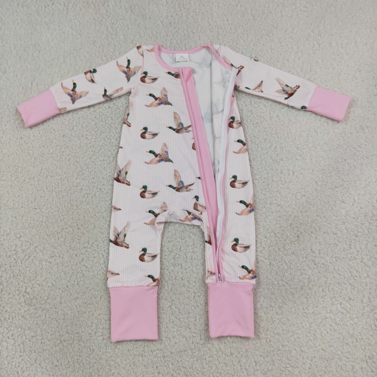RTS NO MOQ （In stock）milk silk LR3218 Baby Girls Pink Stripe Ducks Hunting Two Way Zip Convertible Rompers