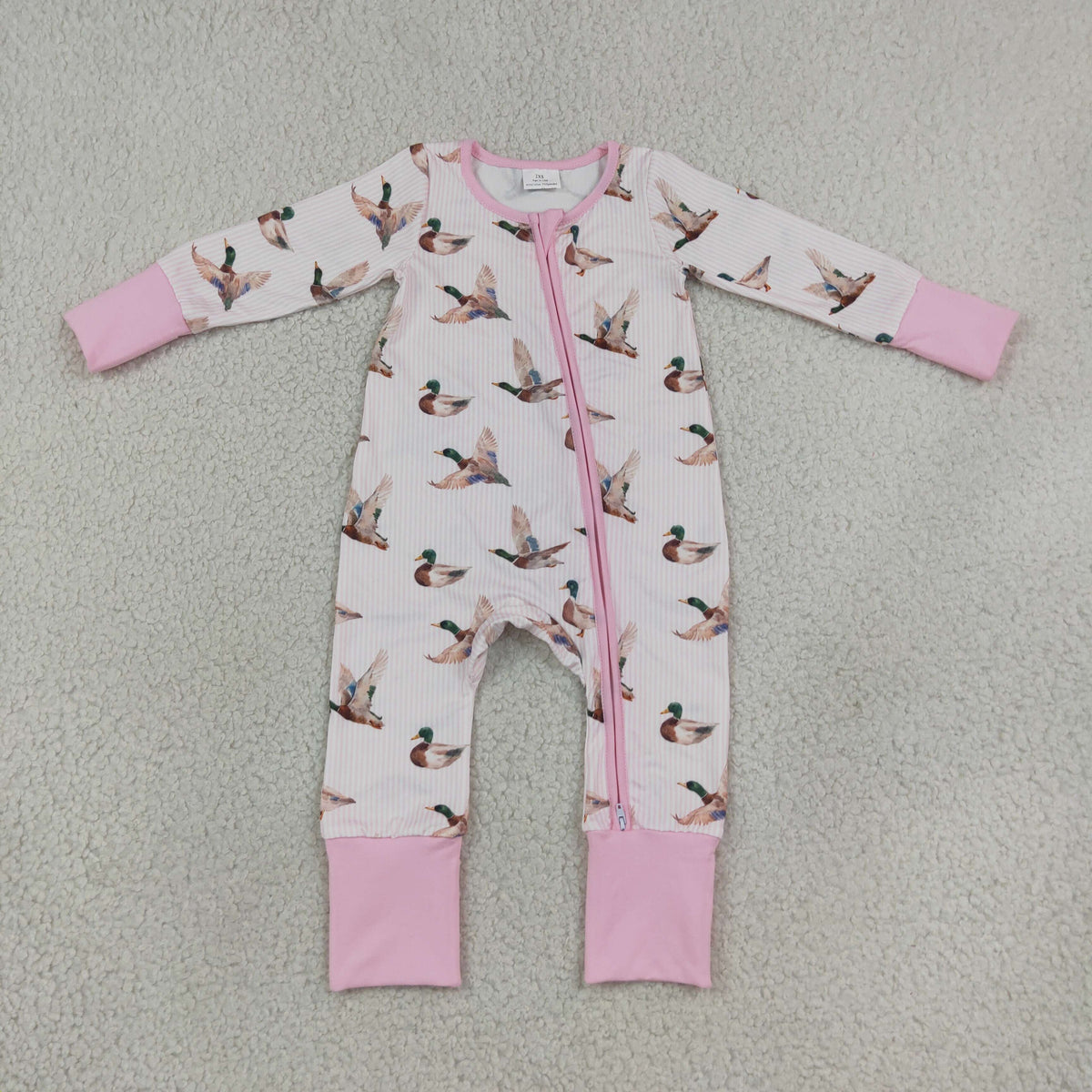 RTS NO MOQ （In stock）milk silk LR3218 Baby Girls Pink Stripe Ducks Hunting Two Way Zip Convertible Rompers