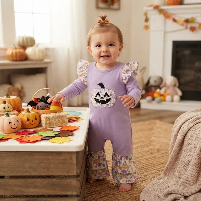RTS NO MOQ （In stock）milk silk LR3221 Embroidery Flowers Ghost Pumpkin Baby Girls Halloween Ruffle Pant Rompers