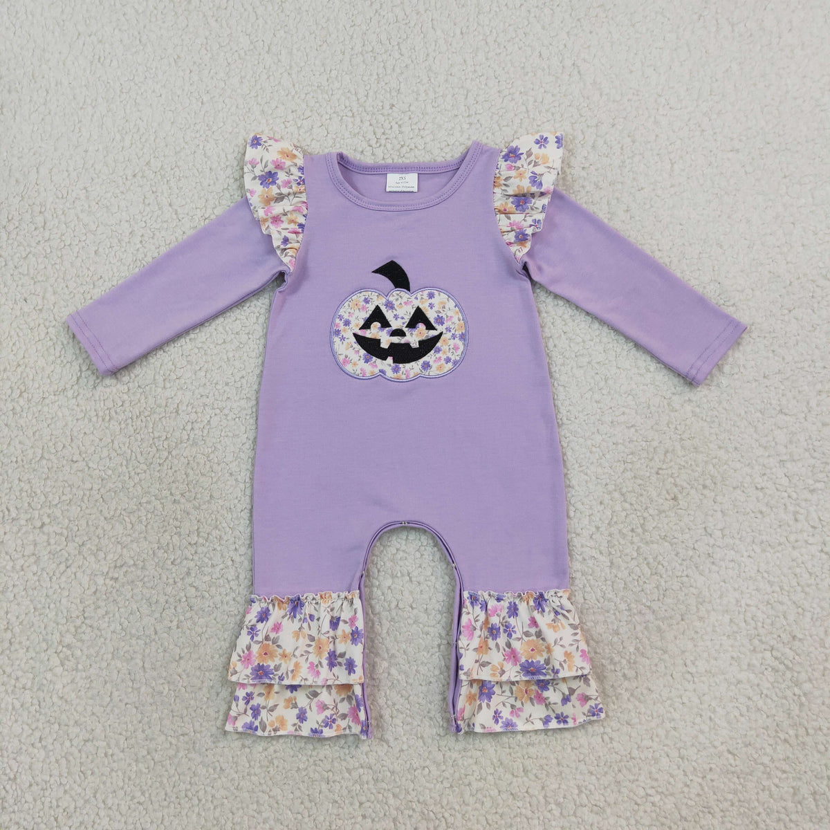 RTS NO MOQ （In stock）milk silk LR3221 Embroidery Flowers Ghost Pumpkin Baby Girls Halloween Ruffle Pant Rompers