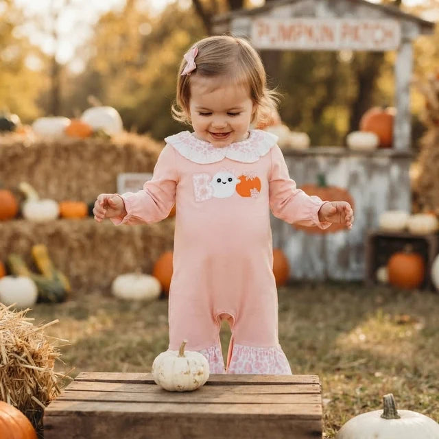 RTS NO MOQ （In stock）milk silk LR3223 Embroidery Baby Girl Halloween Boo Ghost Pumpkin Embroidery Ruffle Flare Long Sleeve Romper