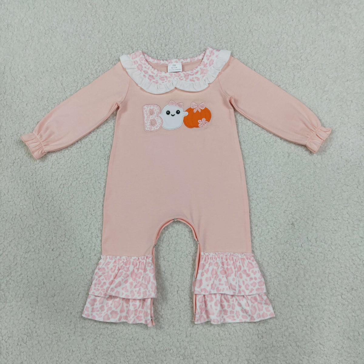 RTS NO MOQ （In stock）milk silk LR3223 Embroidery Baby Girl Halloween Boo Ghost Pumpkin Embroidery Ruffle Flare Long Sleeve Romper