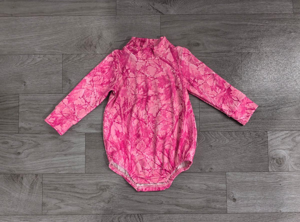 LR3224 Sample No Moq Baby Girls Pink Leavers Camo Long Sleeve Rompers