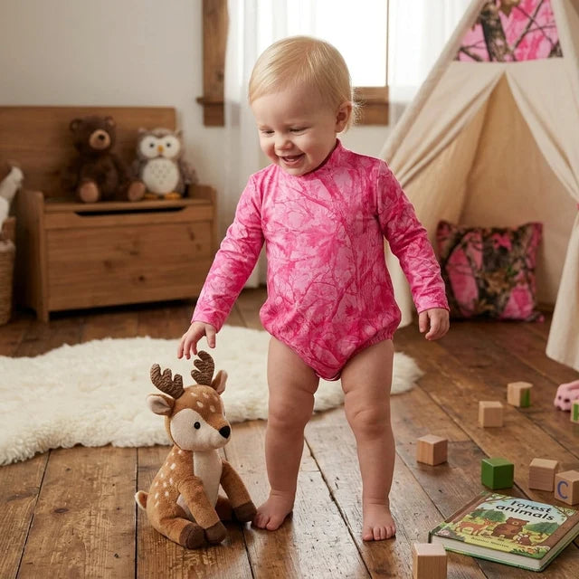 USA Warehouse (IN STOCK) milk silk LR3224 Baby Girls Pink Leavers Camo Long Sleeve Rompers