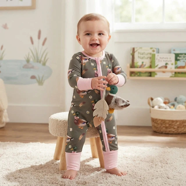 RTS NO MOQ （In stock）milk silk LR3225 Baby Girls Cute Flowers Ducks Two Way Zip Convertible Hunting Rompers