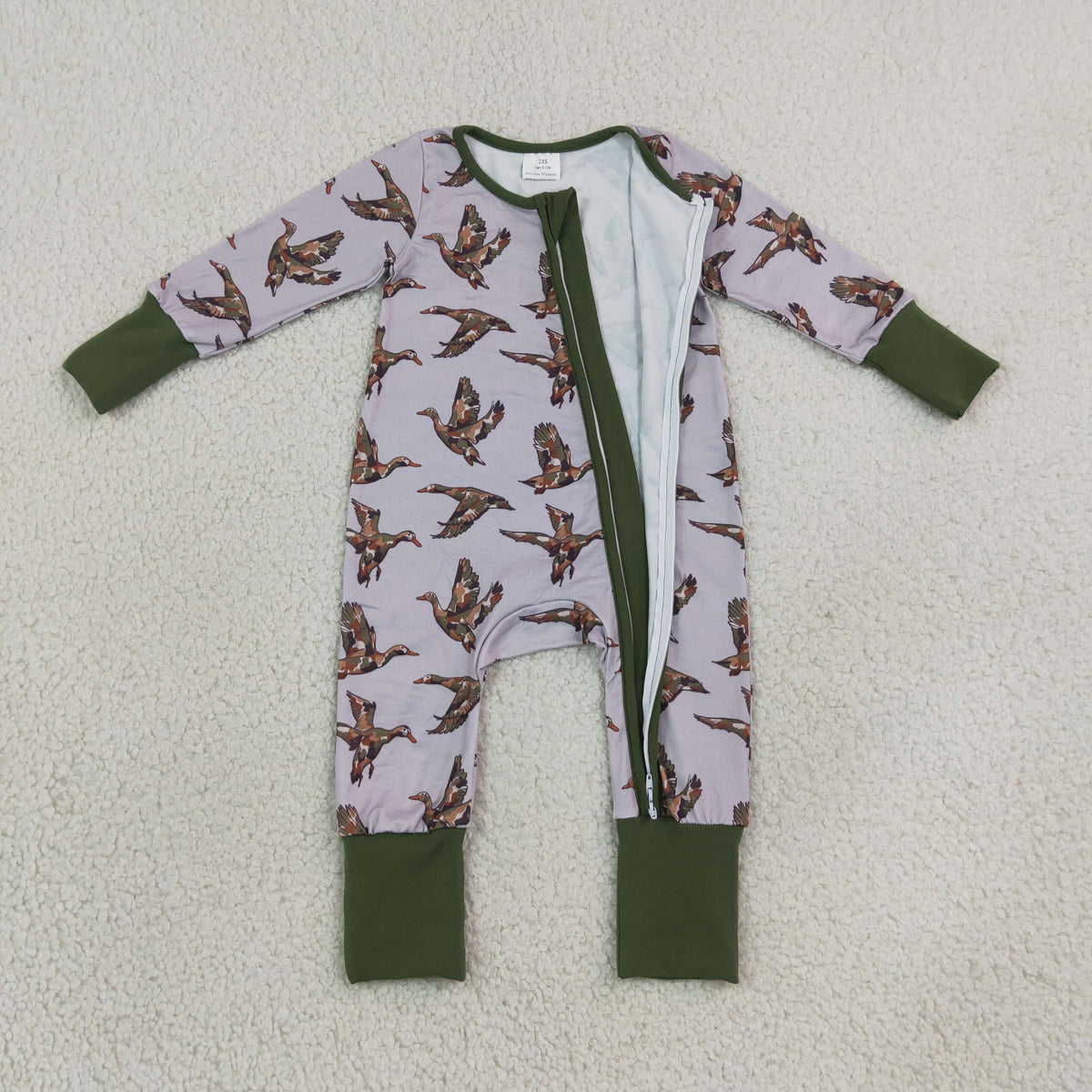 RTS NO MOQ milk silk LR3233 Baby Boys Camo Ducks Hunting Two Way Zip Convertible Romper
