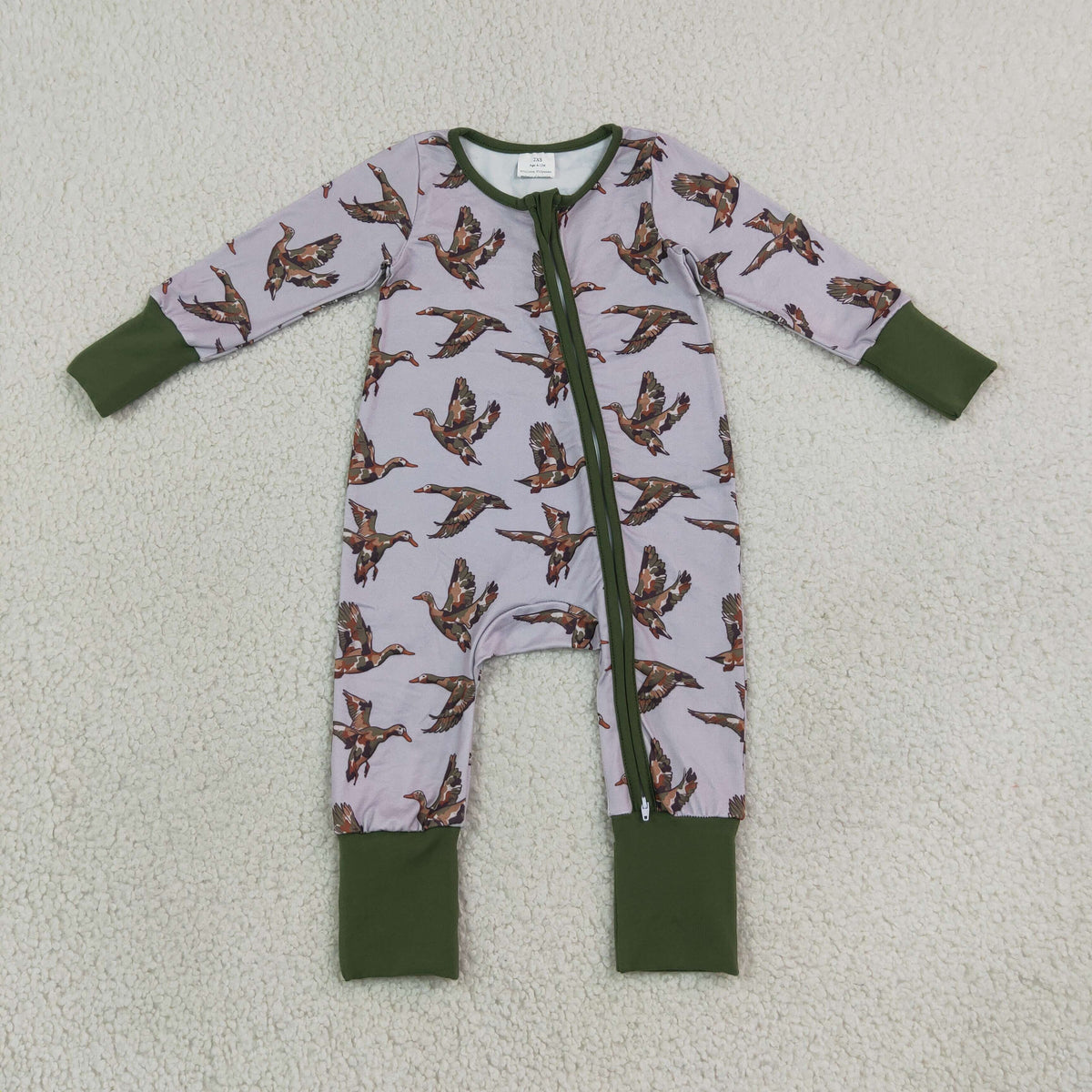 RTS NO MOQ milk silk LR3233 Baby Boys Camo Ducks Hunting Two Way Zip Convertible Romper