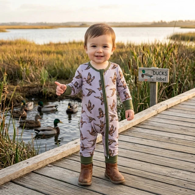 RTS NO MOQ milk silk LR3233 Baby Boys Camo Ducks Hunting Two Way Zip Convertible Romper