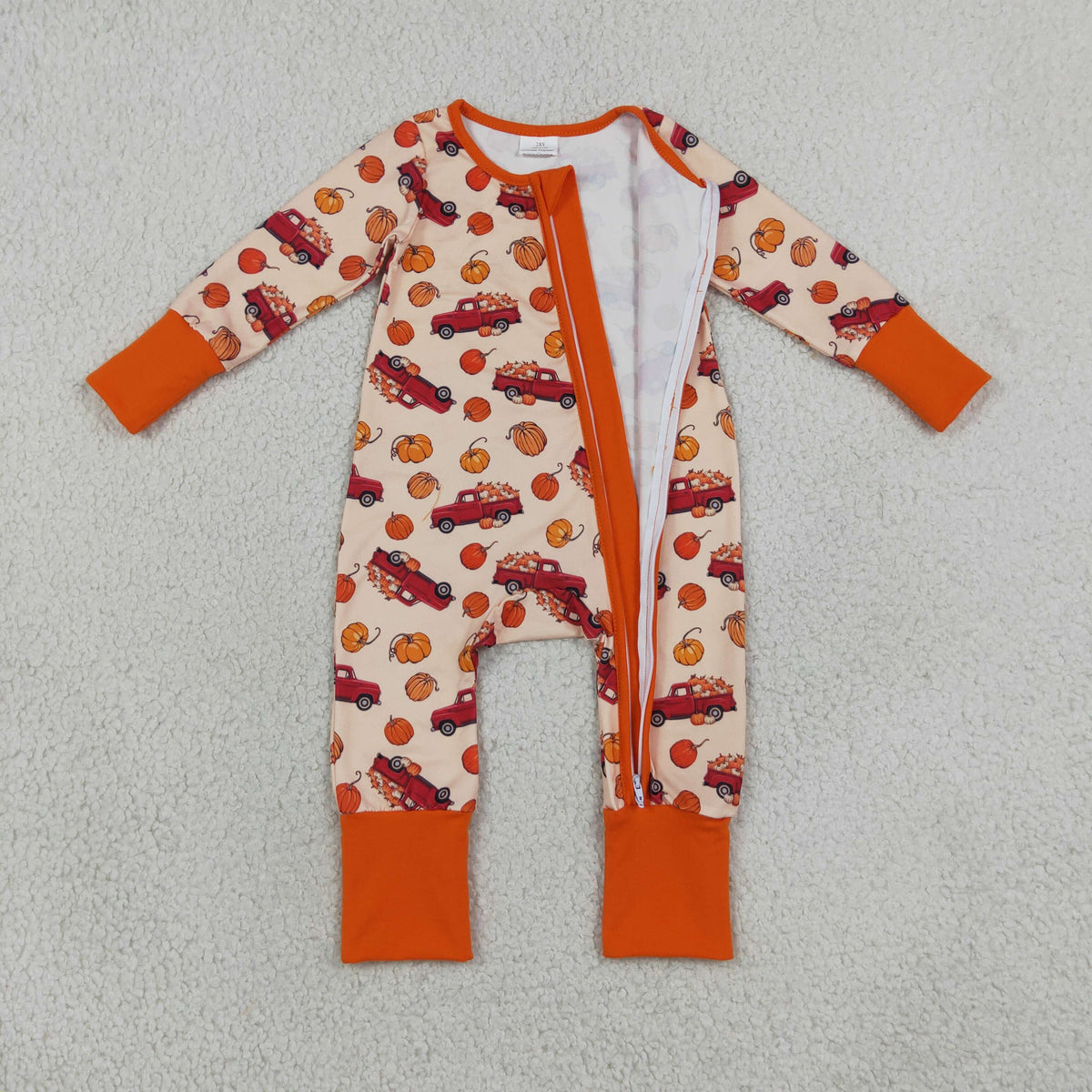RTS NO MOQ milk silk LR3234 Baby Boys Pumpkins Trucks Fall Two Way Zip Convertible Romper