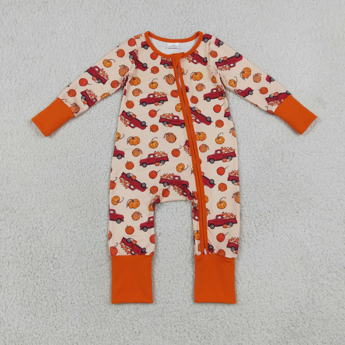 RTS NO MOQ milk silk LR3234 Baby Boys Pumpkins Trucks Fall Two Way Zip Convertible Romper