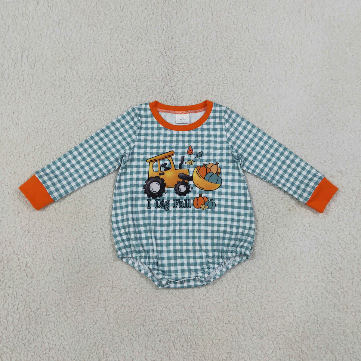 RTS NO MOQ milk silk LR3237 Baby Boys Long Sleeve Green Checked Pumpkins Truck Fall Romper