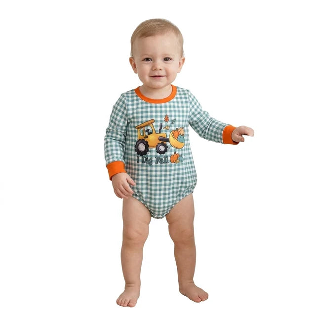 RTS NO MOQ milk silk LR3237 Baby Boys Long Sleeve Green Checked Pumpkins Truck Fall Romper