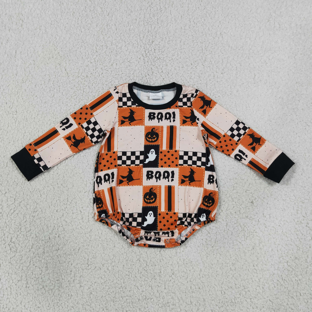 RTS NO MOQ Sibling milk silk Baby Boys Halloween Print Hoodie and Jogger Pants Set Black Orange Plaid Romper