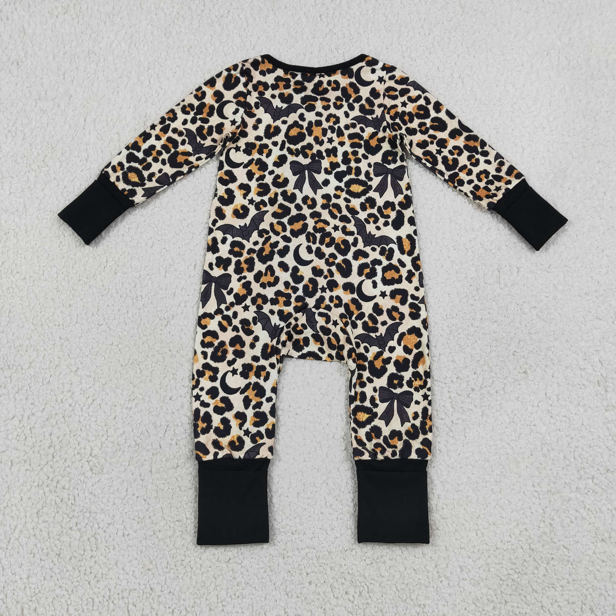 RTS NO MOQ milk silk LR3242 Baby Boys Leopard Bats Halloween Print Two Way Zip Front Convertible Romper