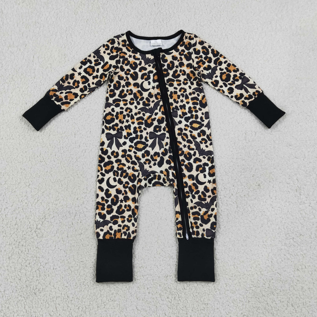 RTS NO MOQ milk silk LR3242 Baby Boys Leopard Bats Halloween Print Two Way Zip Front Convertible Romper