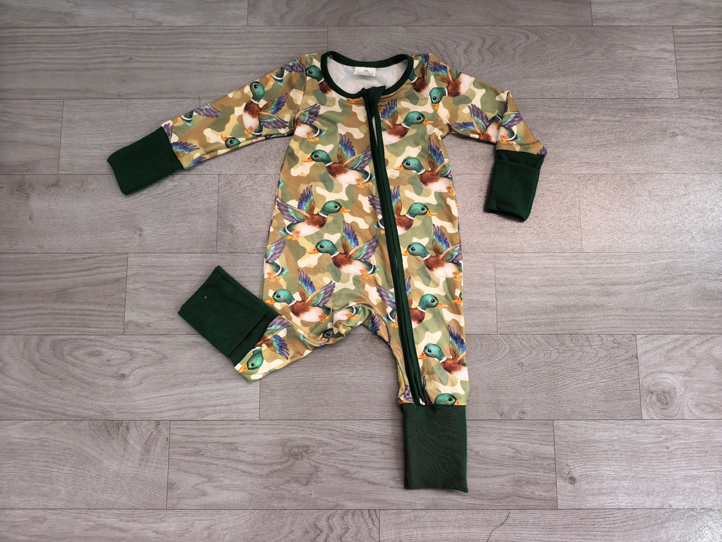 LR3249 Sample No Moq milk silk Baby Boys Green Camo Ducks Hunting Two Way Zip Convertible Rompers