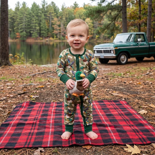 RTS NO MOQ （In stock）LR3249 milk silk Baby Boys Green Camo Ducks Hunting Two Way Zip Convertible Rompers