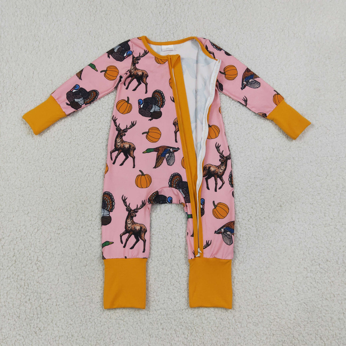 RTS NO MOQ （In stock）LR3252 Baby Girls Pumpkins Turkey Ducks Deer Thanksgivings Two Way Zip Convertible Rompers